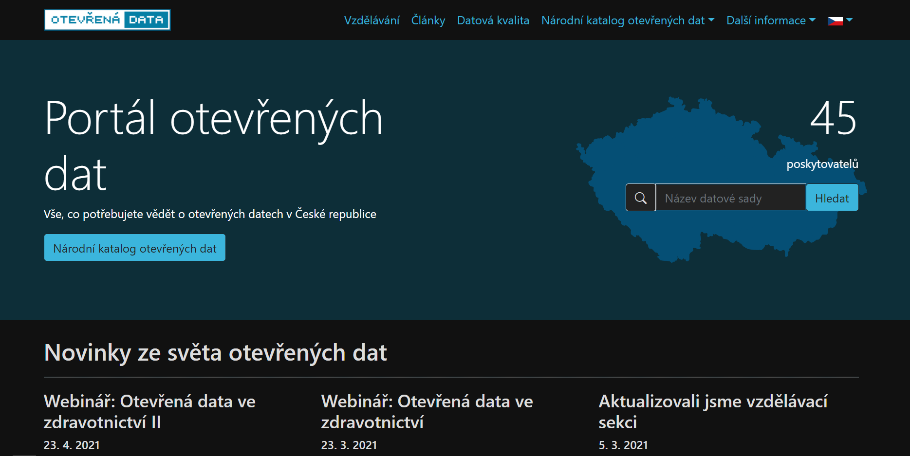 Screenshot stránky Národního katalogu otevřených dat
